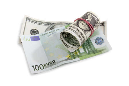 Color photo paper money on white backgroundの写真素材