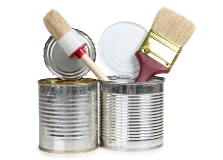 Color photo of brush in a metal cupの写真素材