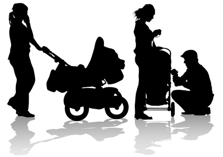 Vector drawing mother with children. Silhouettes on a white backgroundのイラスト素材