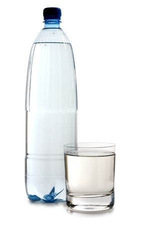 Color photo of glasses and bottles of waterの写真素材