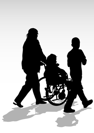 Vector graphic disabled in a wheel chair. Silhouettes of peopleのイラスト素材