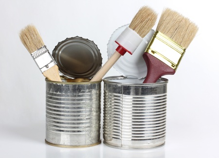 Color photo of brush in a metal canの写真素材