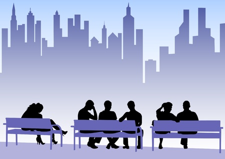 Vector drawing of people on city benchesのイラスト素材
