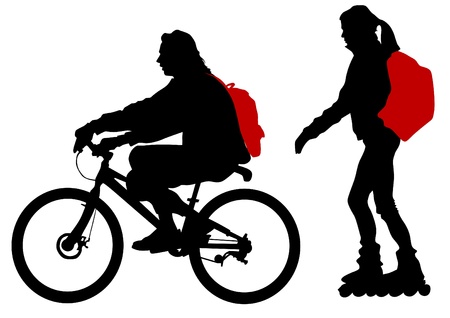Vector drawing silhouette of cyclist and rollerのイラスト素材