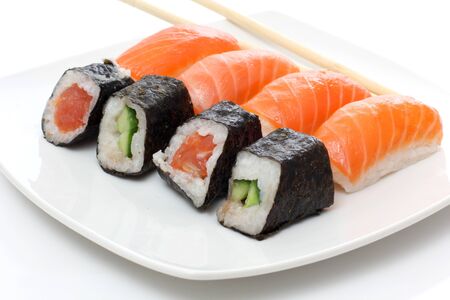 Color photograph of fish sushi on a plateの写真素材