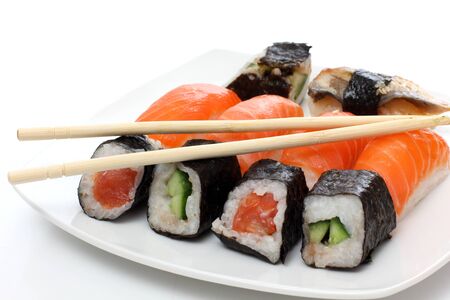 Color photograph of fish sushi on a plateの写真素材