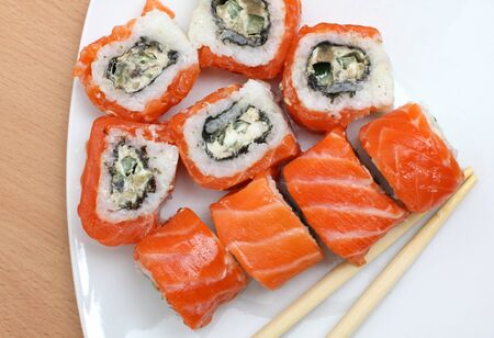 fish sushi on a plateの写真素材