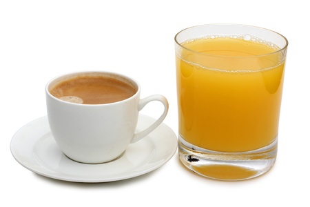 glass of juice and a cup of coffeeの写真素材