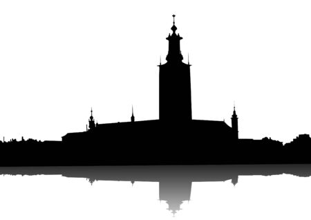 Vector drawing of old town hall on banks of riverのイラスト素材