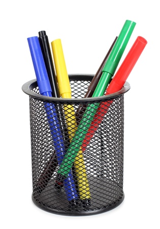 Color photo of set of markers in a metal basketの写真素材