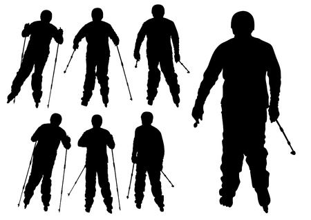 Vector drawing athletes on roller skates with sticks in their handsのイラスト素材