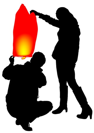 image of young boy and girl with air lanternのイラスト素材