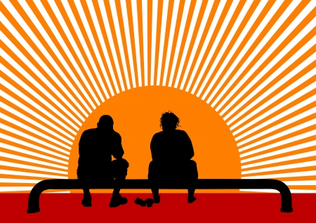 Vector drawing men and women on a bench at sunsetのイラスト素材