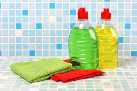 Protective and cleaning products on tile backgroundの写真素材