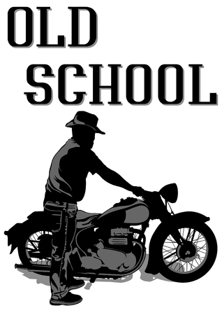 Old biker and retro motorcycle on white backgroundのイラスト素材