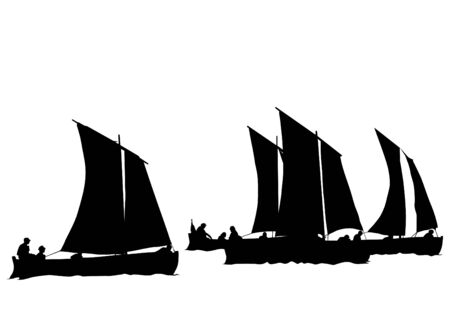 Silhouettes of sailboats in the sea on a white backgroundのイラスト素材