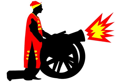 Silhouette of antique guns and a soldier on a white backgroundのイラスト素材