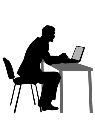 Businessman at his desk with a computer on a white backgroundのイラスト素材