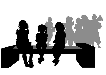 Silhouettes of a little girl and boy on a white backgroundのイラスト素材