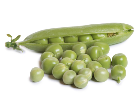 Ripe green peas on a white backgroundの写真素材