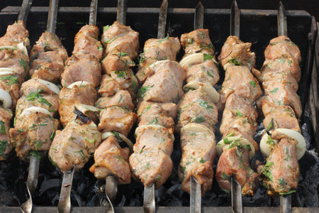 Shish kebab on hot grillの写真素材