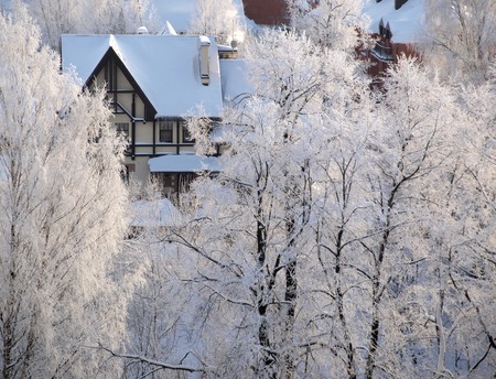 Farmhouse in winter on snowのeditorial素材