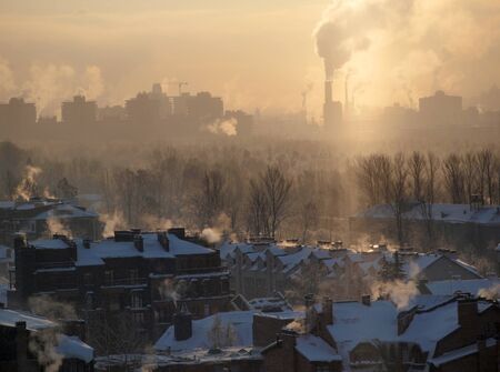 Industrial buildings at sunset skyの写真素材