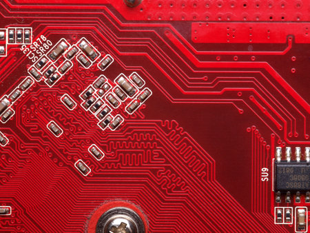 Red computer chip in close-up