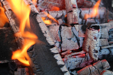 Charred wood and bright flames on dark backgroundの写真素材