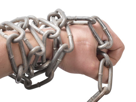 Metal chain and lock on the white backgroundの写真素材