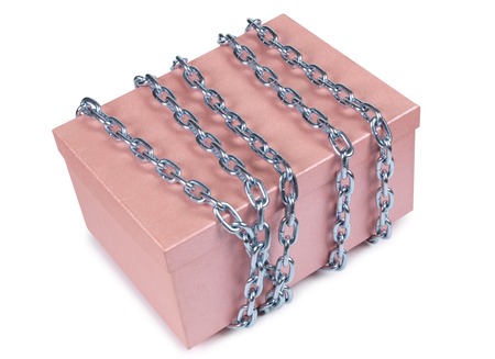 Pink cardboard box and metal chain on white backgroundの写真素材