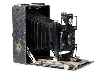 Ancient camera and case on a white backgroundの写真素材