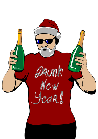 Santa Claus with bottles of champagne on a white backgroundのイラスト素材