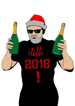 Santa Claus with bottles of champagne on a white background.のイラスト素材