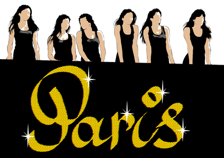 Young women in black dresses and Paris logoのイラスト素材