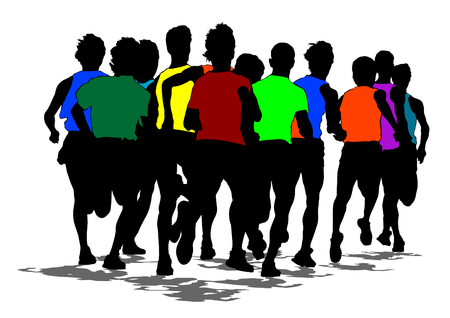 Athletes in a sporty uniform running a marathon on a white backgroundのイラスト素材