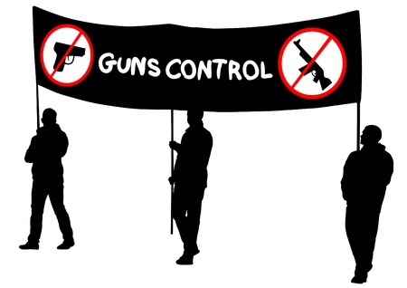People with banner of guns control in silhouette on white backgroundのイラスト素材