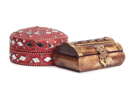 Jewelry made and antique box on a white backgroundの写真素材