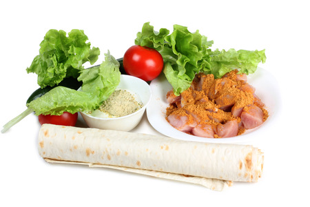 Products and ingredients for shawarma and cookwareの写真素材
