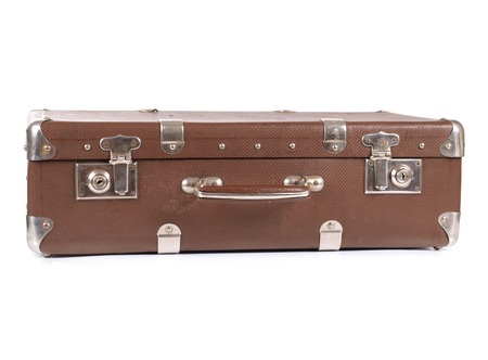Old leather suitcase on a white backgroundの写真素材