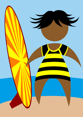 People in swimwear with a surfboard on the background of the seaのイラスト素材