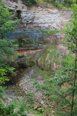 High stone wall and forest trees