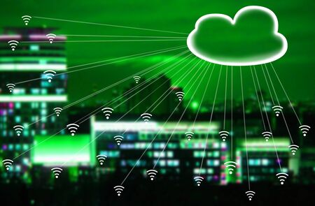 Network and connection technology concept on city backgroundの写真素材