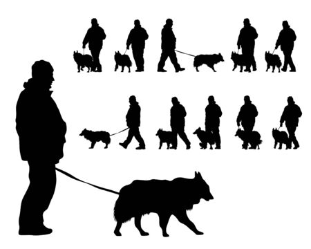 Man with a dog on a leash on a white backgroundのイラスト素材