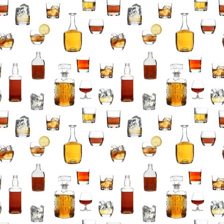 Seamless pattern with bottles and glasses of whiskey. Isolated on white backgroundの写真素材