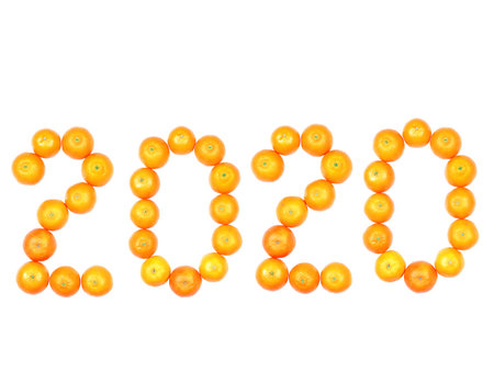 Figures of the new year are laid out from fresh tangerines. Isolated objects on a white background