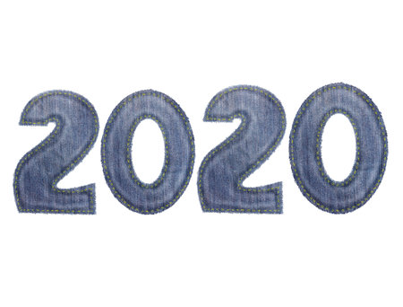 New year figures from blue denim. Isolated object on a white background