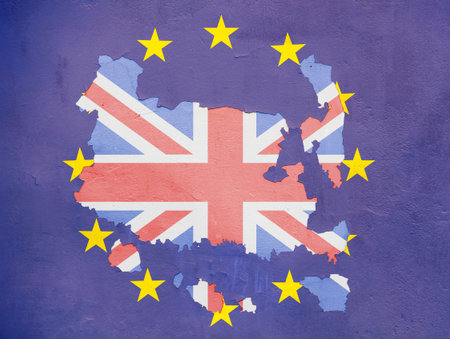 British and European flags on an old painted wall. Brexit background