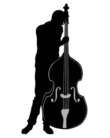 Jazz musician with double bass. Isolated silhouette on a white backgroundのイラスト素材