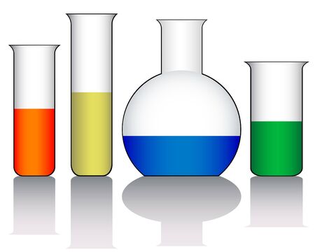 Glass medical flasks with multi-colored liquids. Isolated objects on a white backgroundのイラスト素材
